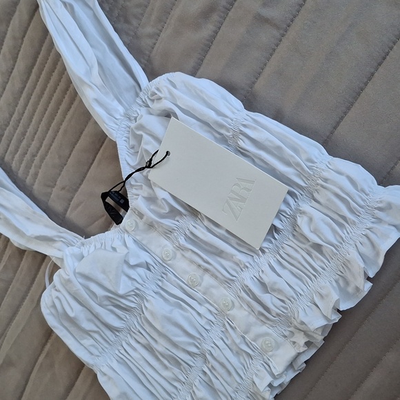 Zara White Ruched Crop Top Sz XS Nwt - Picture 2 of 13